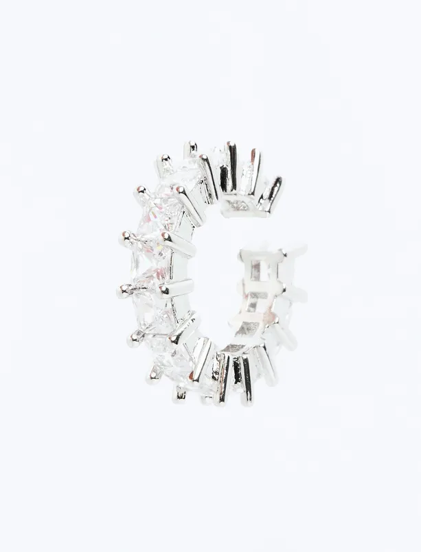 Bayan Gri Sıralı Parlak Taş Detaylı Kıkırdak Küpesi