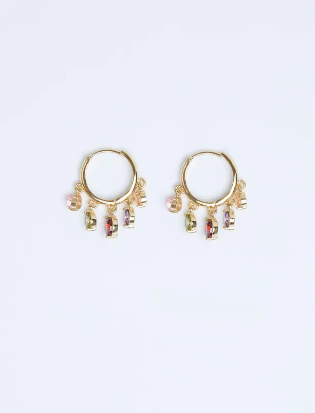 Women Yellow Crystal Stone Detailed Hoop Earrings