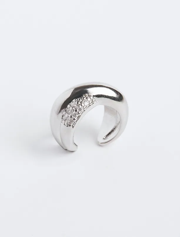 Women Grey Polished Half Hoop Earrings with Stone Detail