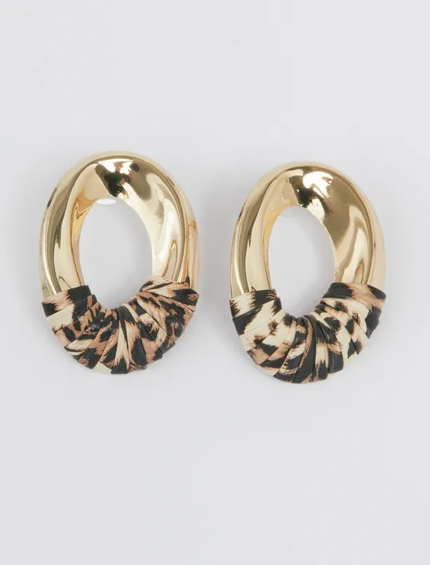 Women Yellow Leopard Print Shiny Hoop Earrings