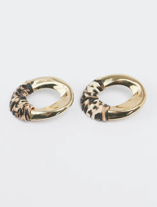 Women Yellow Leopard Print Shiny Hoop Earrings
