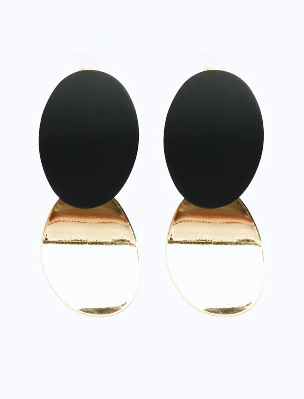 Women Black Shiny Ring Figured Dangle Earrings