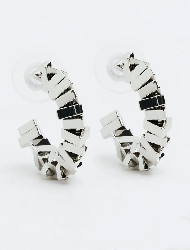 Women Grey Geometric Figured Half Hoop Shiny Earrings
