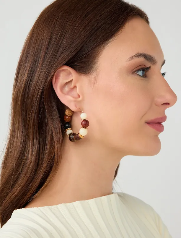 Women  Wood Look Bead Detailed Hoop Earrings