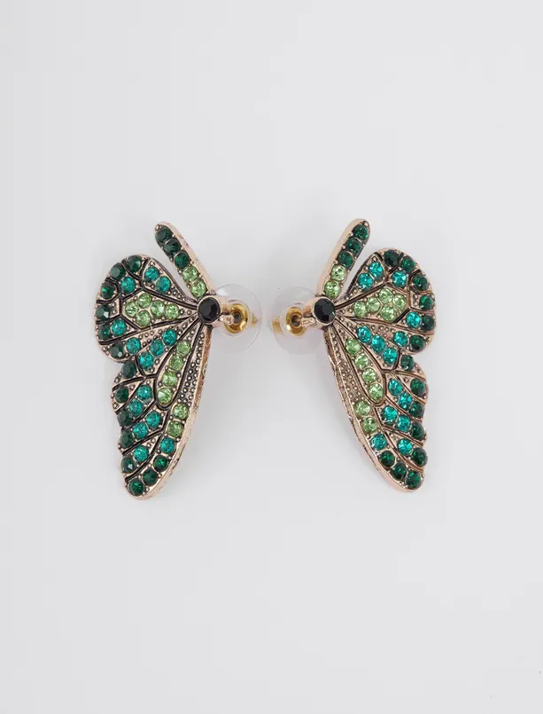 Bayan Yeşil Kelebek Figürlü Taşlı Küpe