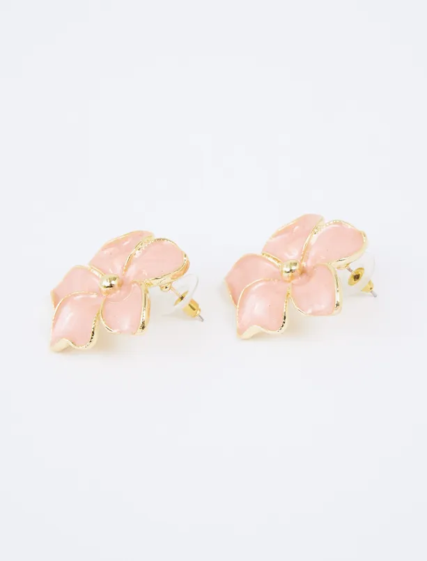 Bayan Turuncu Çiçek Figürlü Minimal Küpe