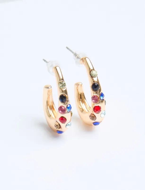 Women Yellow Colorful Stone Detailed Half Hoop Earrings