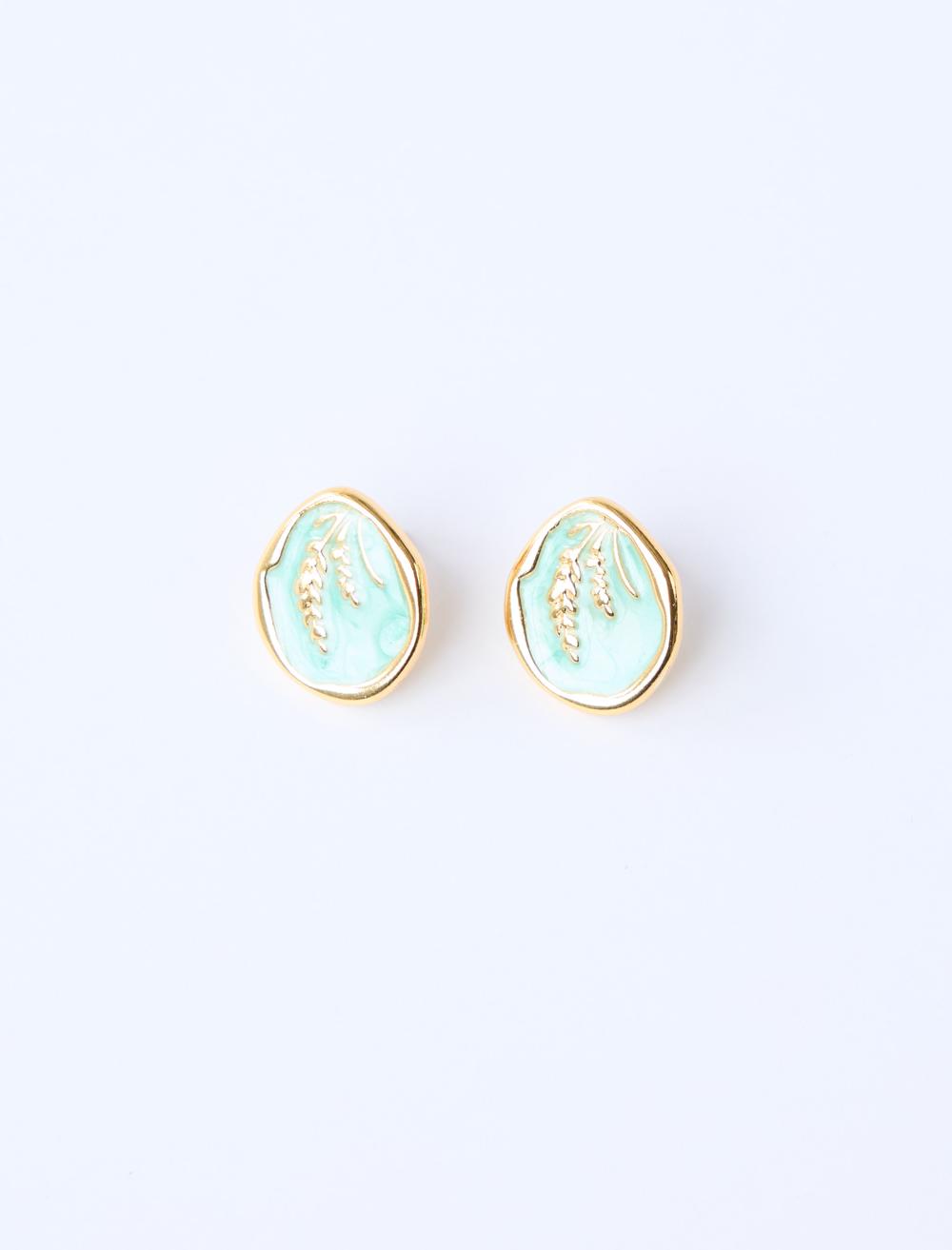 Yaprak Desenli Mine Detaylı Oval Küpe