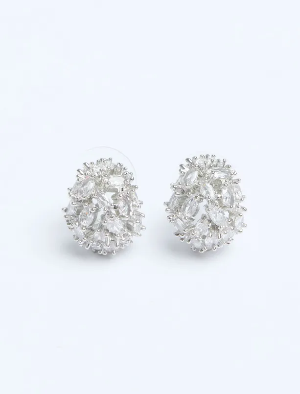 Bayan Gri Parlak Taşlı Yuvarlak Zarif Küpe