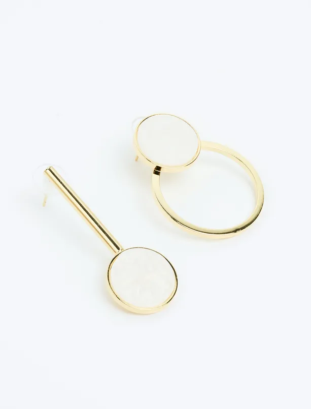 Women Yellow Round Figured Mother of Pearl Detailed Different Double Earrings