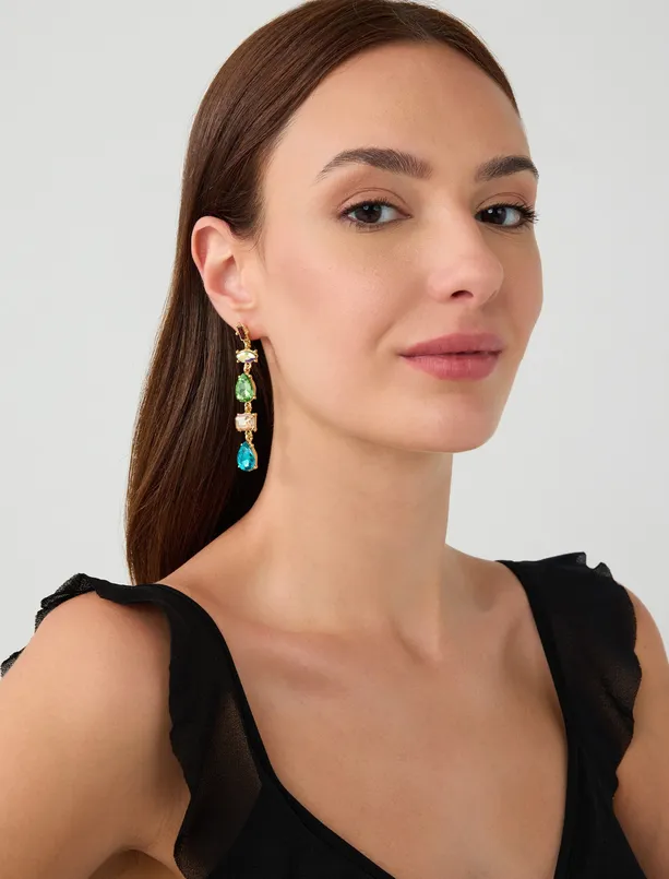 Women Green Colorful Stone Detailed Dangle Earrings