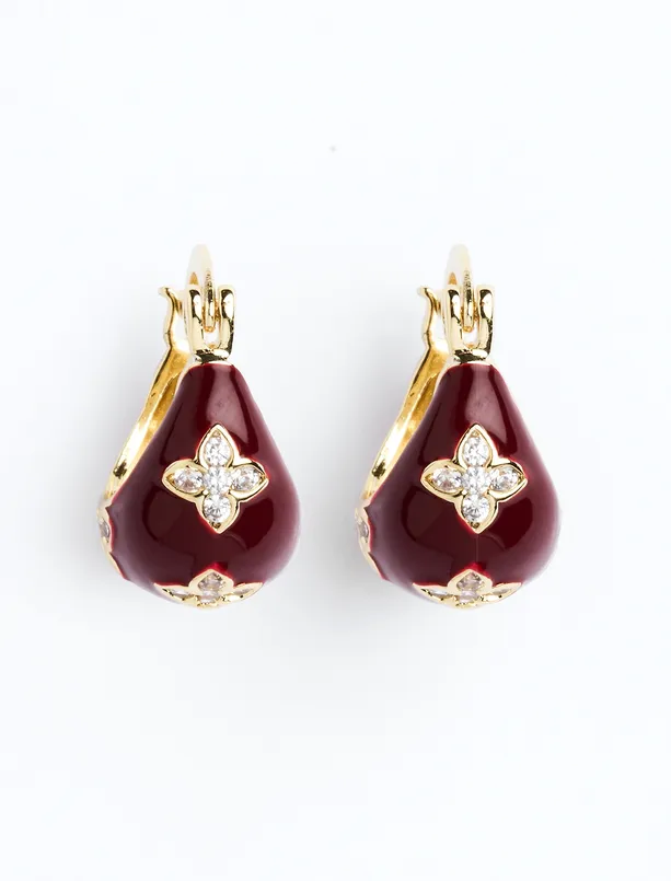 Women Red Shamrock Figured Half Hoop Earrings with Polished Stones