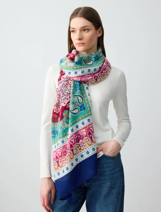 Women Blue Ethnic Patterned Woven Shawl