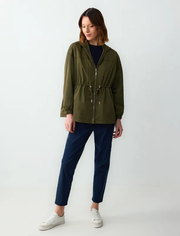 Women Haki Drawstring Hooded Woven Raincoat