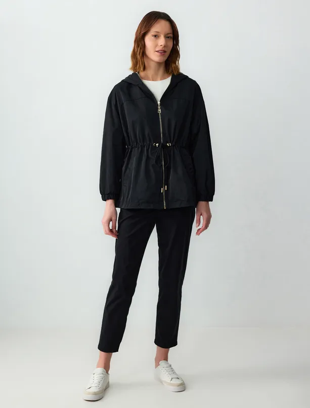 Women Black Drawstring Hooded Woven Raincoat