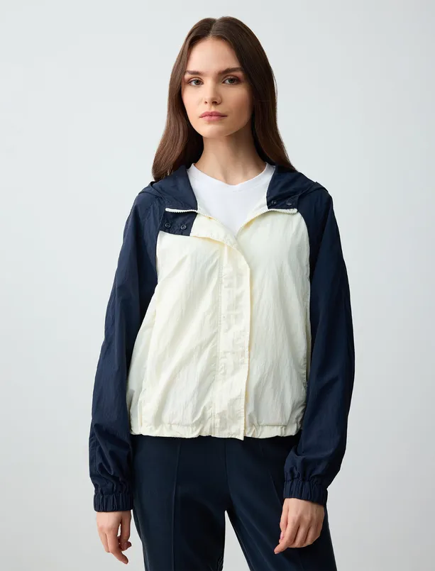 Women Ecru Long Sleeve Hooded Woven Raincoat