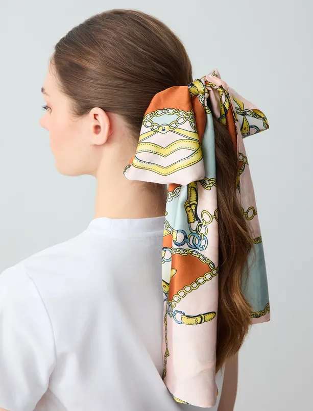 Women  Ethnic Patterned Satin Elastic Buckle with Long Ribbon
