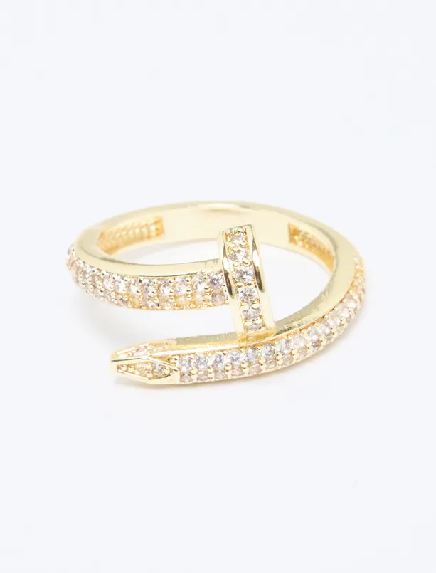 Women Yellow Nail Figured Shiny Stone Ring