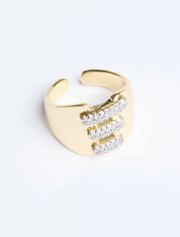 Bayan Sarı Sıralı Parlak Taş Detaylı Yüzük