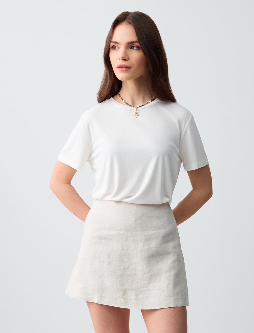 %100 Keten Düz Kesim Mini Şort Etek