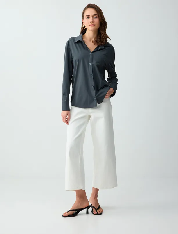 Women Anthracite Relaxed-Fit Long-Sleeve Knit Shirt