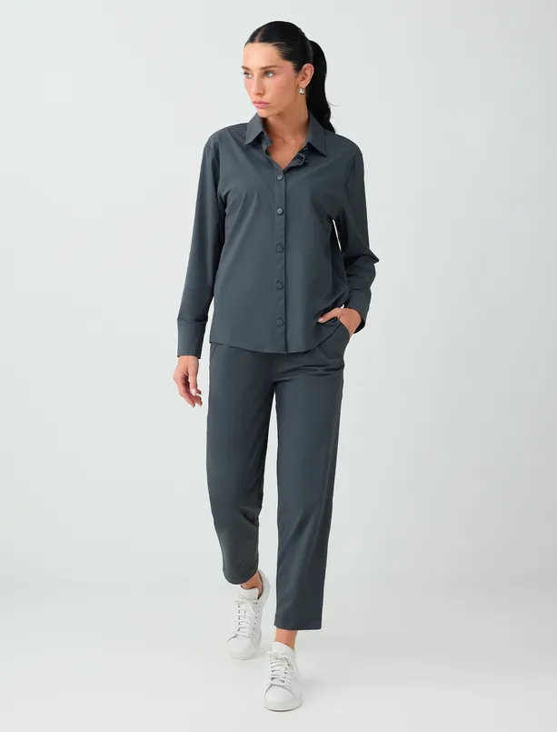 Women Anthracite Relaxed-Fit Long-Sleeve Knit Shirt