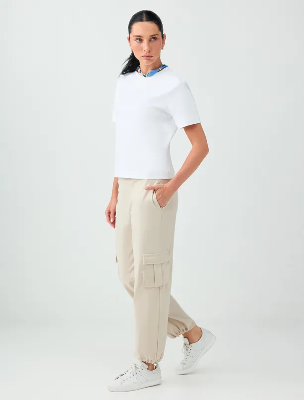 Women Beige Jogging Pants with Pockets and Elastic Cuffs
