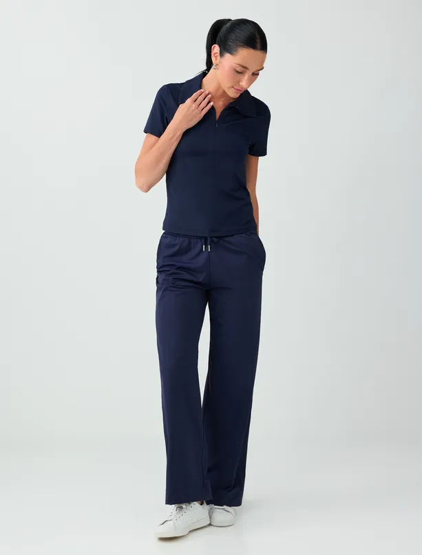 Women Dark Blue Knitted Pants with Elastic Waistband and Detailed Pockets