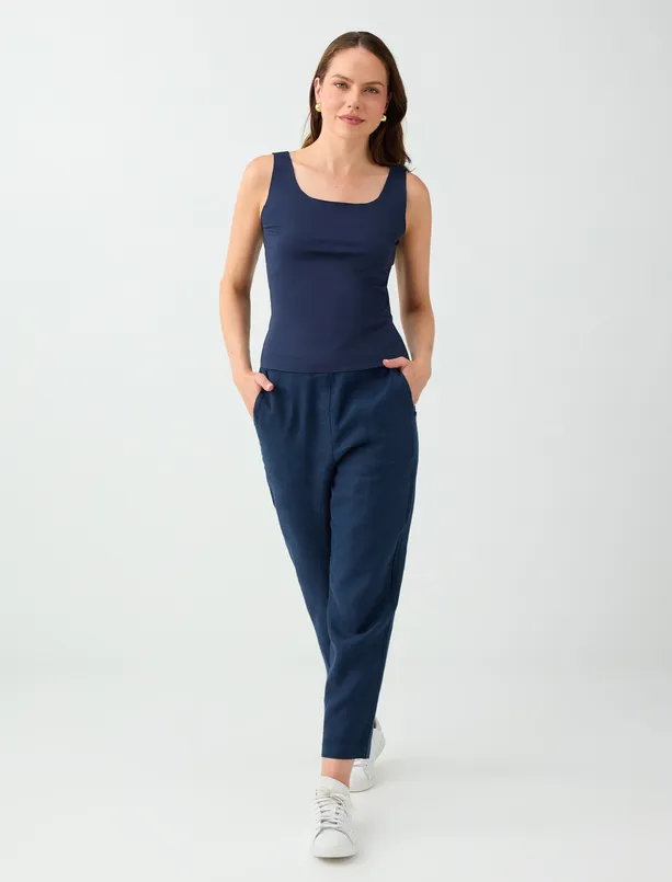 Women Dark Blue Square-Neck, Slim-Fit Tank Top with Straps