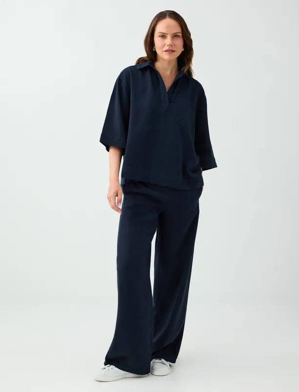 Bayan Lacivert %100 Tencel Polo Yaka Truvakar Kol Bluz