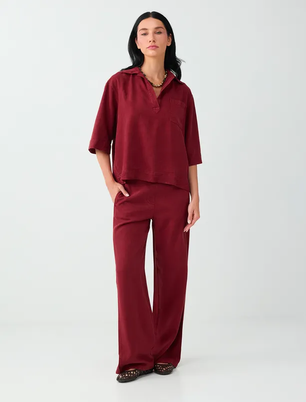 Bayan Kırmızı %100 Tencel Polo Yaka Truvakar Kol Bluz
