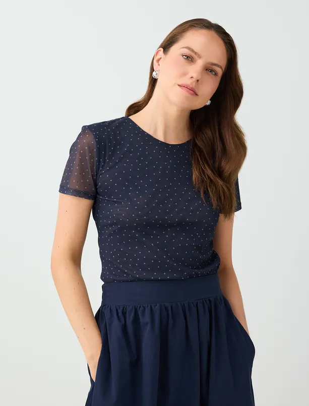 Women  Short-Sleeve Mesh Blouse with Polka-Dot Pattern