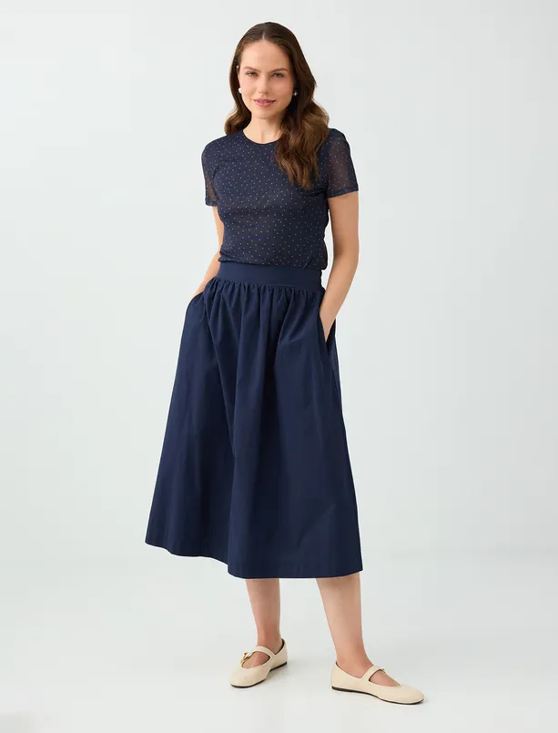 Women Dark Blue Short-Sleeve Mesh Blouse with Polka-Dot Pattern