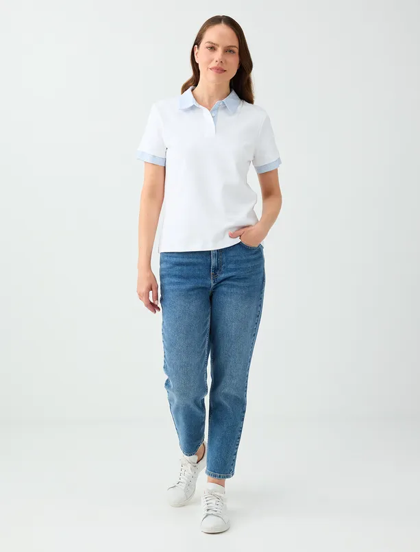 Women White 100% Cotton Shirt-Collar Short-Sleeve Blouse