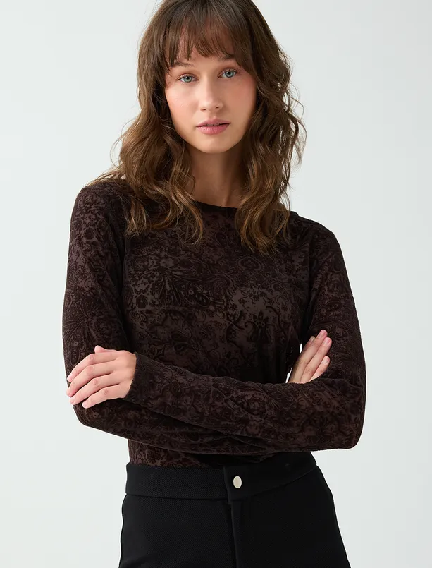 Women Brown Boat-Neck Long-Sleeve Lace-Trimmed Mesh Blouse