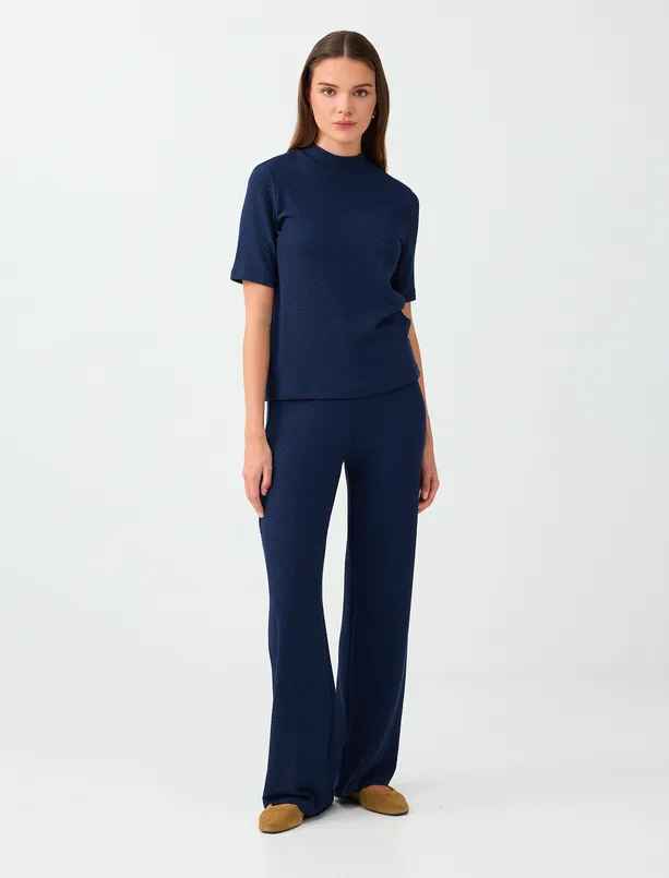 Women Dark Blue Stand-Up Collar, Elbow-Length, Textured Knit Blouse
