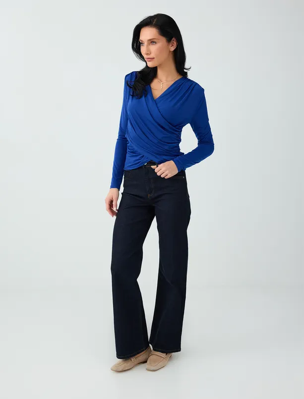 Women Blue Cross-Neck, Slim-Fit, Long-Sleeve Blouse