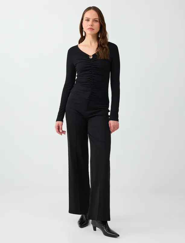 Women Black Long-Sleeve Blouse with V-Neck and Detailed Accents
