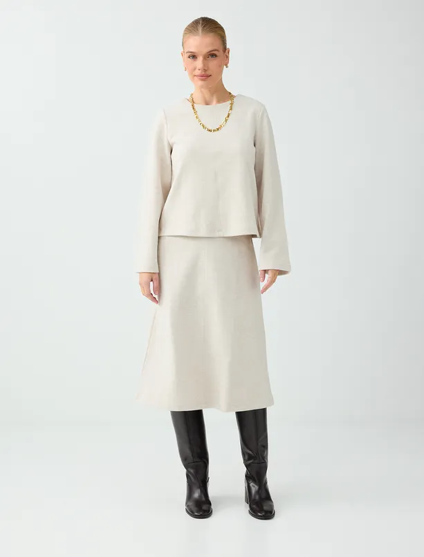 Women Beige Melange Round-Neck Cotton-Blend Soft-Touch Blouse 