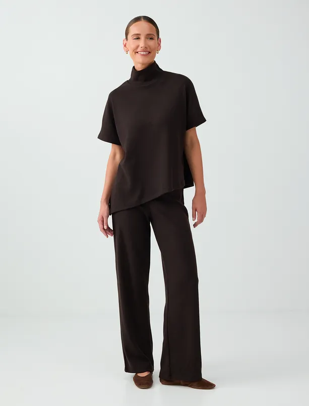 Women Brown Stand-Up Collar, Relaxed Fit, Soft-Touch, Short-Sleeve Blouse