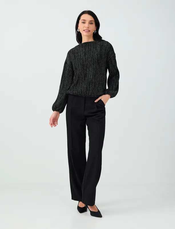 Women Black Boat Neck, Puffed Sleeves, Embellished Blouse