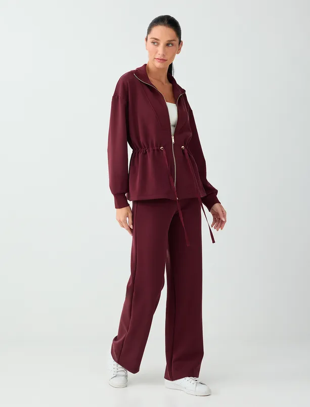 Women Claret Red Waist-Adjustable Modal Jacket with Zipper