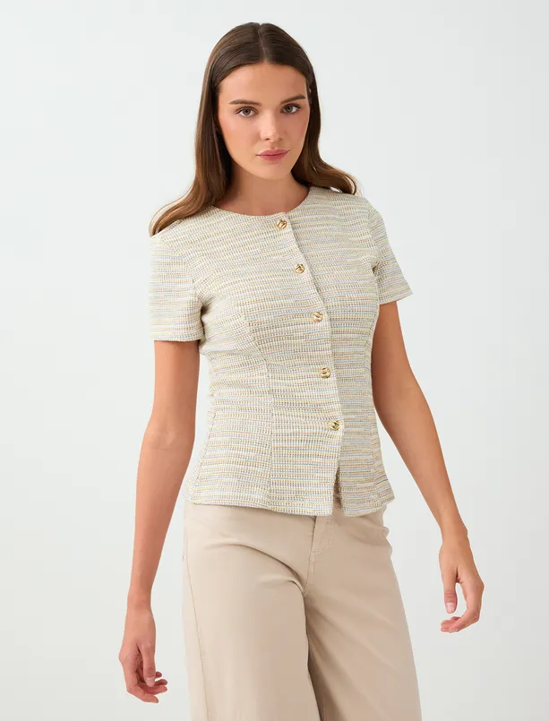 Women  Button-Detail Slim-Fit Textured Short-Sleeve Jacket