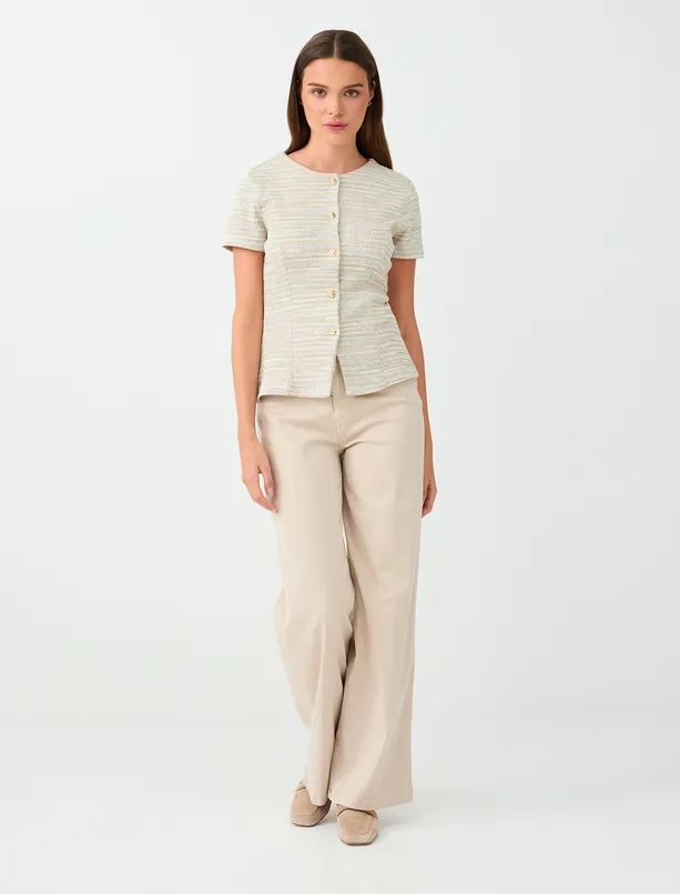 Women Mixed Button-Detail Slim-Fit Textured Short-Sleeve Jacket
