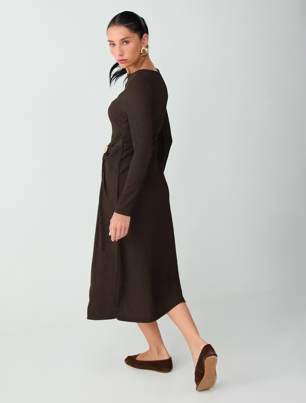 Women Brown Knitted Dress with Boat Neckline and Metal Accents