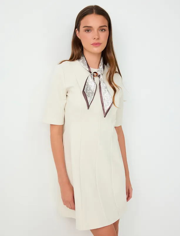 Women Ecru Pile-Detailed Sleeve Cotton Dress