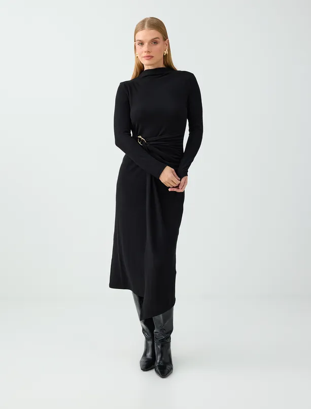 Women  Short Lace Dress with V-Neck and Metal Button Details