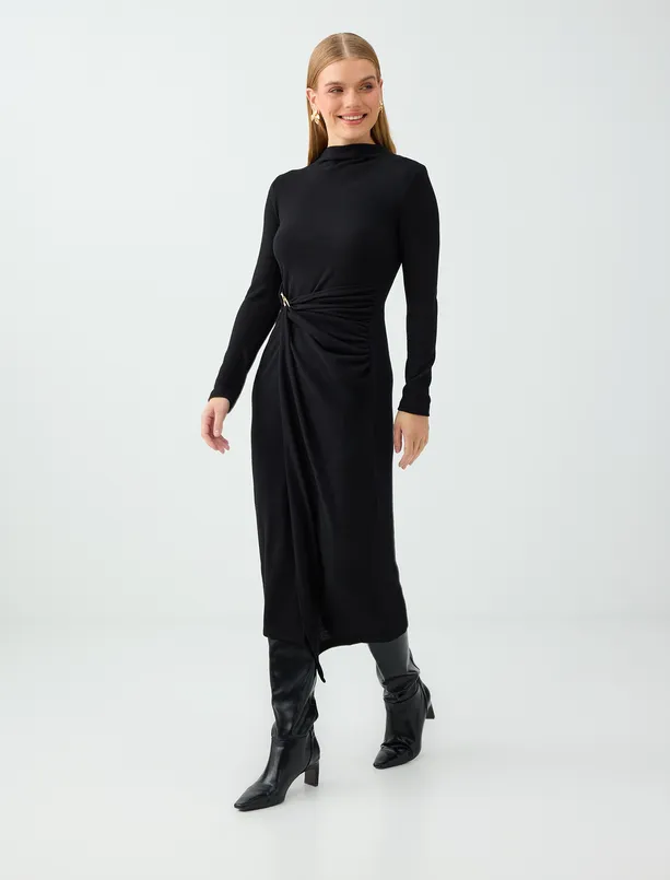 Women Black Short Lace Dress with V-Neck and Metal Button Details