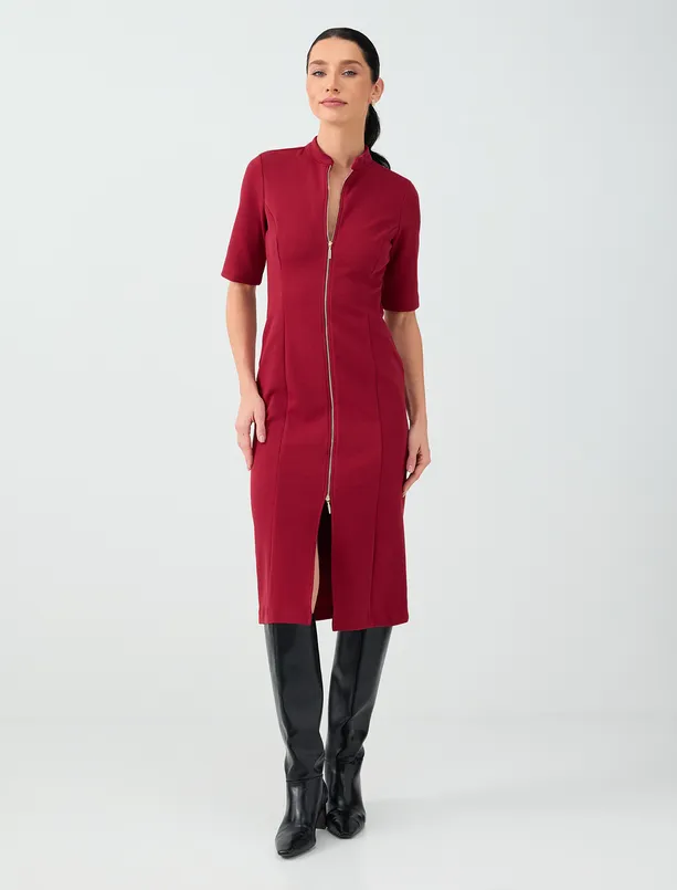 Women Red Slim-Fit Midi Dress with Stand-Up Collar and Zipper Detail