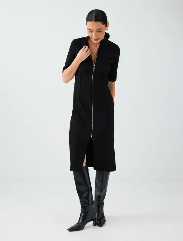 Women Black Slim-Fit Midi Dress with Stand-Up Collar and Zipper Detail